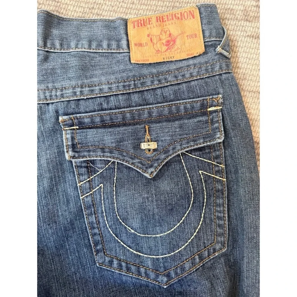 True Religion Ricky Mens Straight Leg Jeans Blue Denim Flap Pocketed Size 40X32.